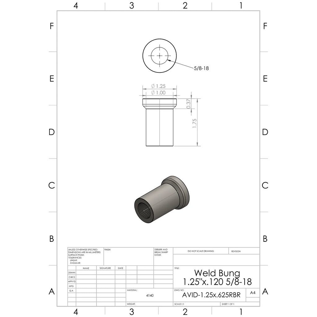 Chromoly Weld-In Round Bung, 1.25"x.120" Tube, 5/8-18 RH | AVID Racing