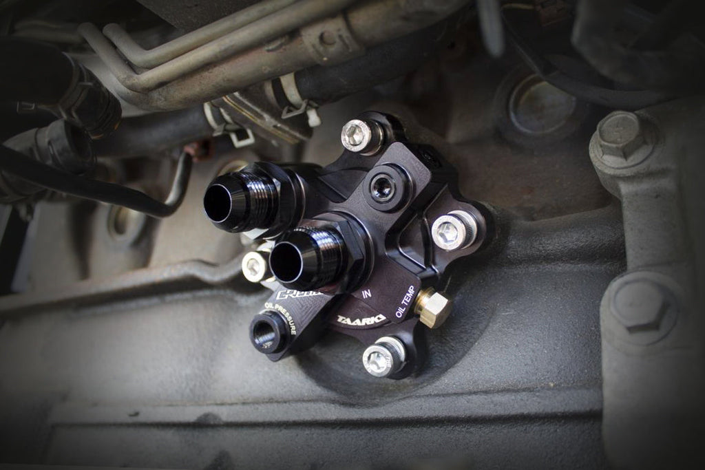 GReddy x Taarks RB26 Specific Oil Cooler Filter Block Adapter, Remote Filter