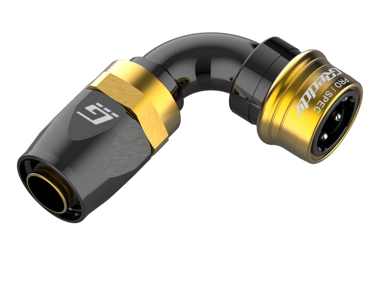 GREDDY PRO/SPEC 90 DEG. QUICK-RELEASE HOSE END(s) - BLACK/GOLD - (12860490 12860690 12860890 12861090 12861290 12861690 12862090)