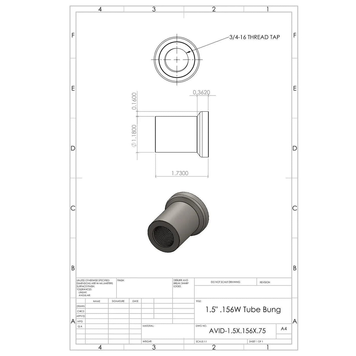 Chromoly Weld-In Round Bung, 1.50"x.156" Tube, 3/4-16 RH | AVID Racing