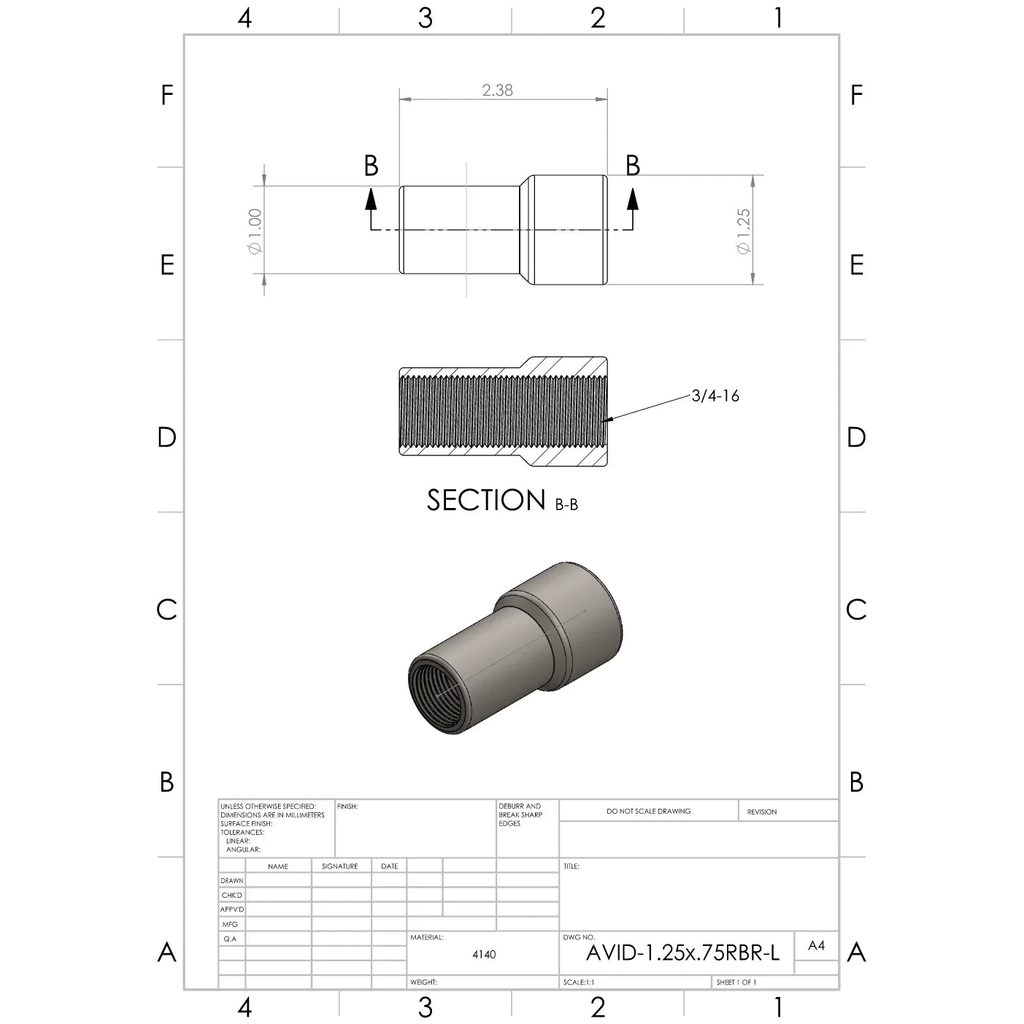 Chromoly Weld-In Round Bung, 1.25"x.120" Tube, 3/4-16 RH, Long Head | AVID Racing