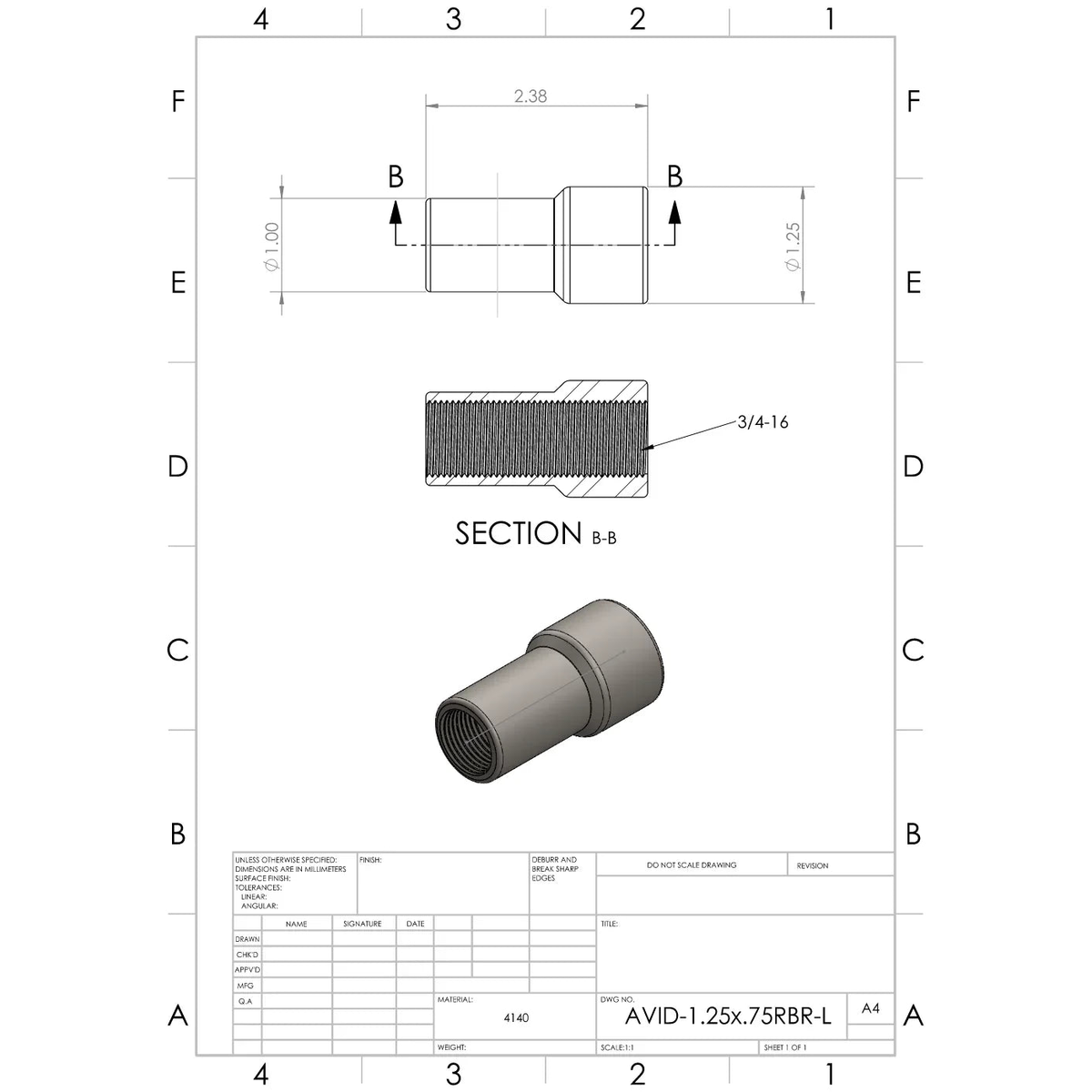 Chromoly Weld-In Round Bung, 1.25"x.120" Tube, 3/4-16 RH, Long Head | AVID Racing