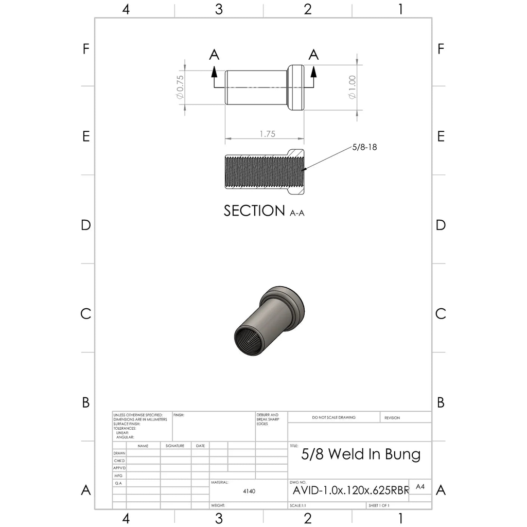 Chromoly Weld-In Round Bung, 1.0"x.120" Tube, 5/8-18 RH | AVID Racing
