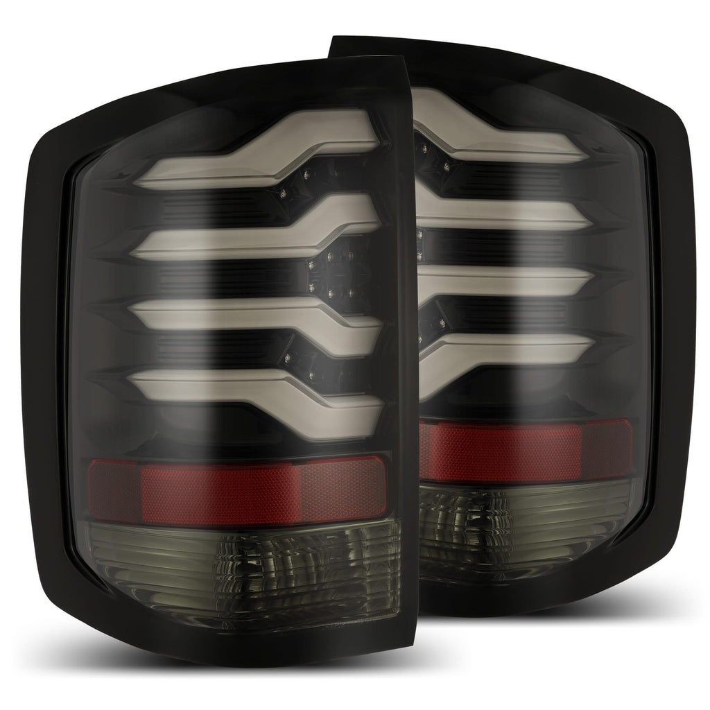 Alpha Rex 14-18 Chevrolet Silverado 1500 / 15-19 Silverado 2500HD/3500HD / 15-19 GMC Sierra 3500HD Dually PRO-Series LED Tail Lights Jet Black (ETA mid of Aug)