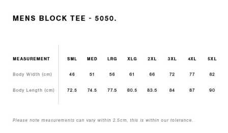 Size chart for GFB t-shirt merchandise