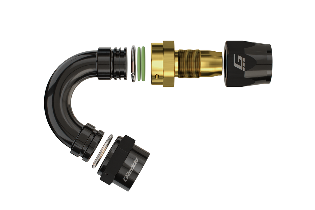 GREDDY 150 DEG. AN HOSE END(s) - BLACK/GOLD - (12800415 12800615 12800815 12801015 12801215 12801615)