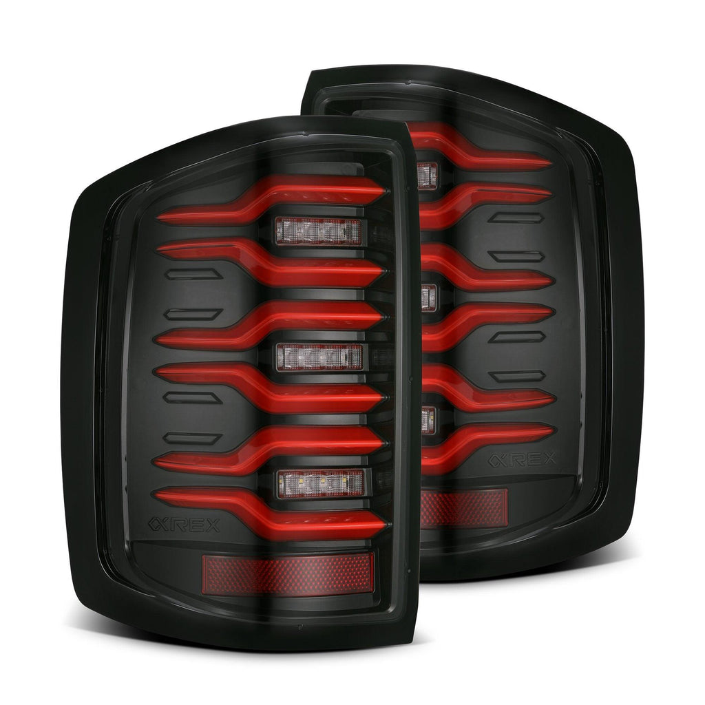 Alpha Rex 14-18 Chevrolet Silverado 1500 / 15-19 Silverado 2500HD/3500HD / 15-19 GMC Sierra 3500HD Dually LUXX-Series LED Tail Lights Black-Red