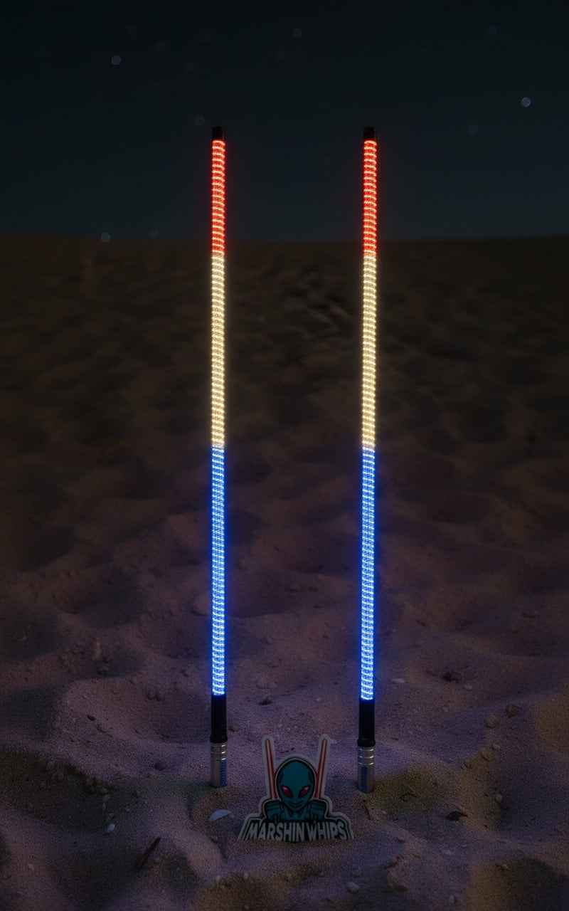 Two LED light whips, one red and one white, on a dark background with a visible brand logo.