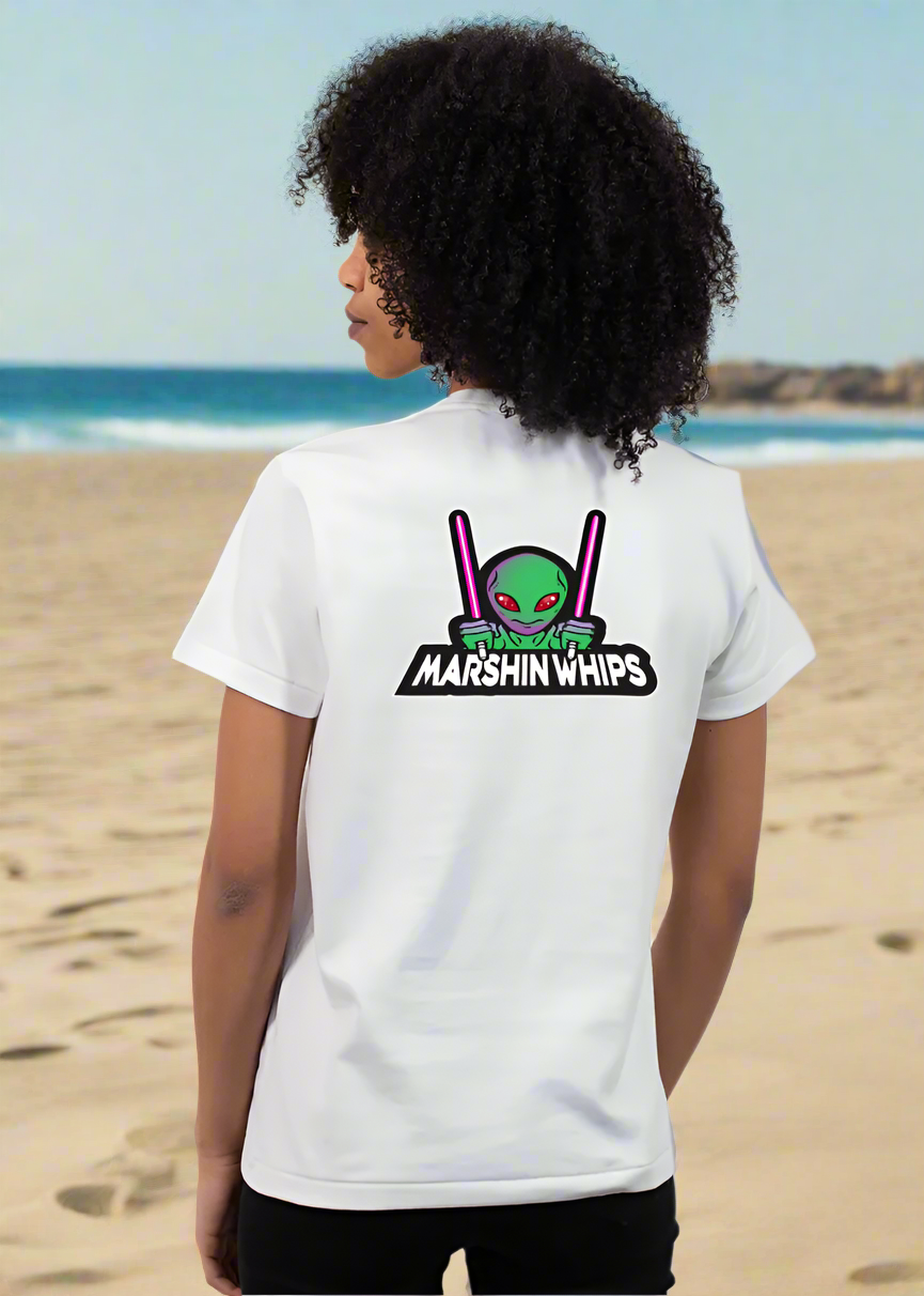 Person wearing a white t-shirt with 'Marshin Whips' graphic on the back