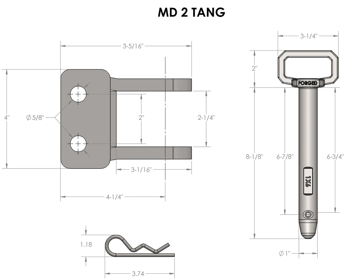 BulletProof Medium Duty 2-Tang Clevis with 1" Pin