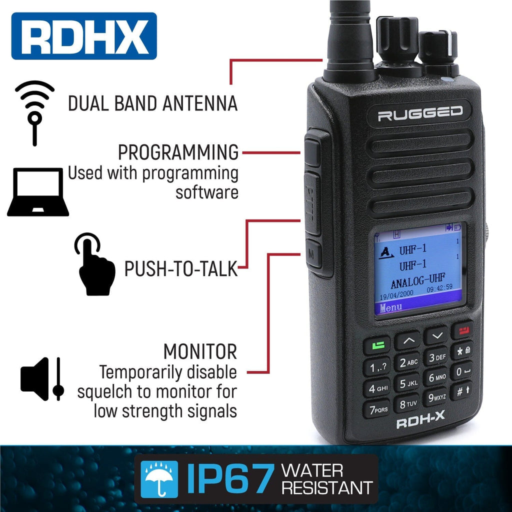 Dual Band Waterproof UHF/VHF Handheld Radio - Digital and Analog - Model RDH-X-HV - CLEARANCE