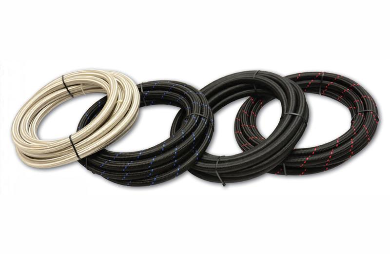 Vibrant -4 AN Two-Tone Black/Red Nylon Braided Flex Hose (5 foot roll)